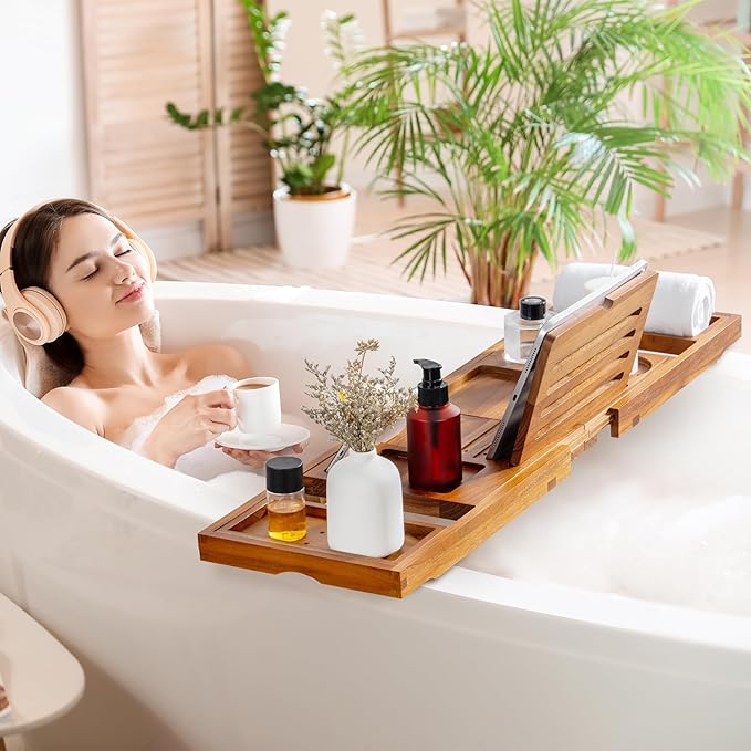 Teak Bathtub Tray - Luxury Bath Tray with Expandable Handles, Wine Glass and Phone Holders, Book Stand - Perfect for Home Spa Relaxation and Reading - Natural Bath Accessories - Light Walnut Color