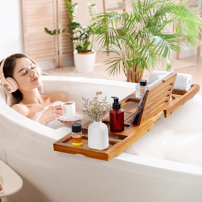 Teak Bathtub Tray - Luxury Bath Tray with Expandable Handles, Wine Glass and Phone Holders, Book Stand - Perfect for Home Spa Relaxation and Reading - Natural Bath Accessories - Light Walnut Color - ModernBath