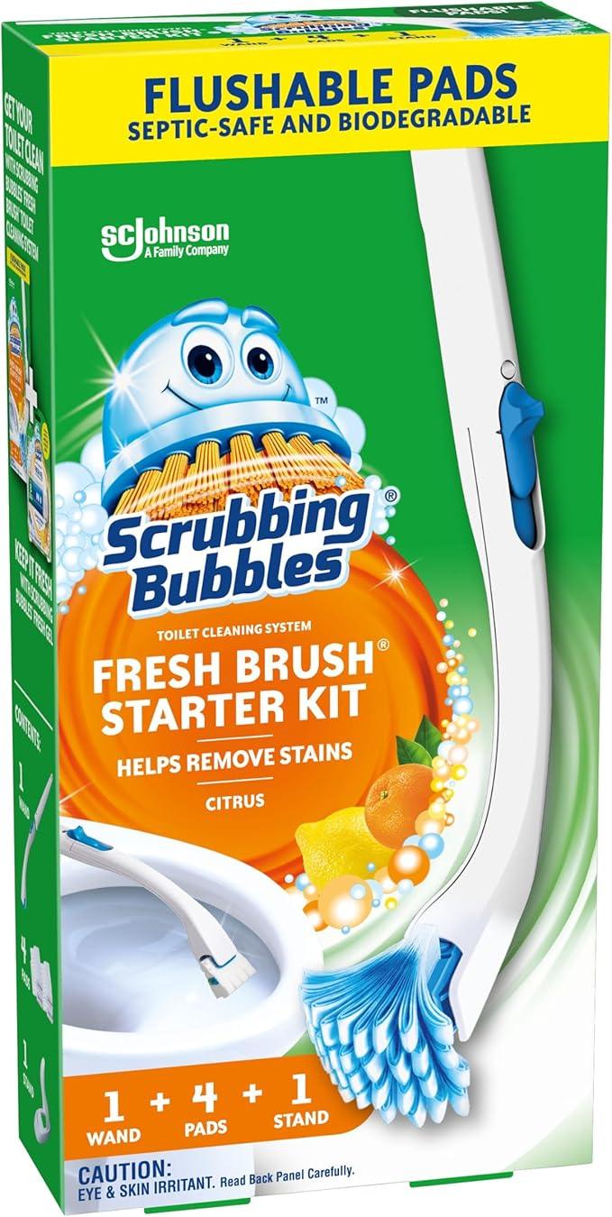 Scrubbing Bubbles Toilet Bowl Brush and Holder with Cleaner Refill Pads, Fresh Brush Toilet Wand Starter Kit, Cleans Limescale & Fights Odors, Citrus Scent, 1 Wand + 4 Refills + 1 Stand (Pack of 4) - ModernBath