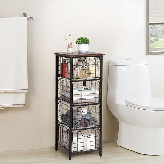 5-Tier FreeStanding Storage Shelves with 4 Pull-Out Baskets,Bathroom Organizer Shelves Unit with WoodTop,Fruit Basket for Kitchen,Storage Tower Organizer Basket Cart for Bathroom,Black