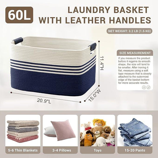 60L Large Laundry Basket with Leather Handles for Living Room Storage, Woven Rope Baskets Bin for Blanket, Kids Toy, Gifts, Wicker Hamper for Bedroom Dirty Clothes, 21"x15"x11" White Navy - ModernBath
