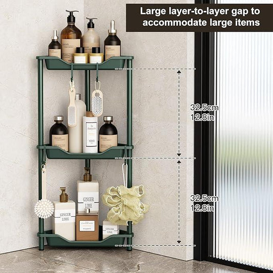 Orimade Rustproof 3 Tier Floor Standing Corner Shower Caddy Organizer, Plastic Metal Splicing Floor Corner Shelf Rack Stands for Bathroom, Dark Green - ModernBath