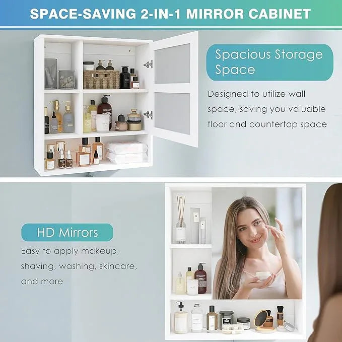 SMIBUY Bathroom Mirror Cabinet Wall Mounted, Bamboo Space Saver Medicine Cabinet, Wall Hanging Over Toilet Storage Cabinet with Mirror Door and Adjustable Shelf (White) - ModernBath