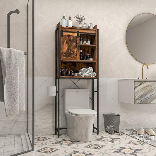 LOKO Over The Toilet Storage Cabinet, Freestanding Bathroom Space Saver with Adjustable Shelves & Sliding Barn Door, 4-Tier Over Toilet Bathroom Organizer, 25 x 9.5 x 67.5 inches (Rustic Brown) - ModernBath