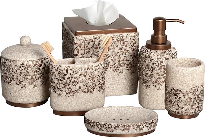 Decozen Bathroom Accessories Set 6Pcs – Soap Dispenser, Toothbrush Holder, Tumbler, Soap Dish & Cotton Swab Jar – Modern Bathroom Decor, Bath Set for Christmas Decor - ModernBath
