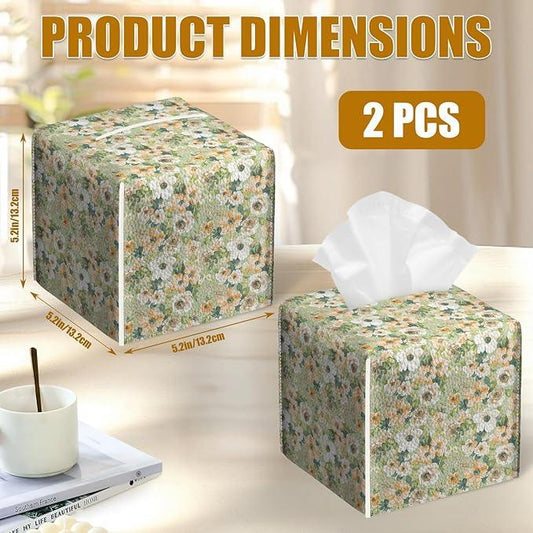 Watercolor Flower Tissue Box Cover 2PCS, Leather Tissue Box Holder Square Facial Paper Case Tissue Box Cube Organizer for Bathroom Bedroom Desk Office - ModernBath