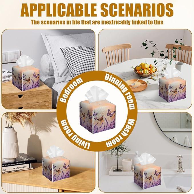 Purple Butterfly Lavender Tissue Box Cover 2PCS, Leather Tissue Box Holder Square Facial Paper Case Tissue Box Cube Organizer for Bathroom Bedroom Desk Office - ModernBath