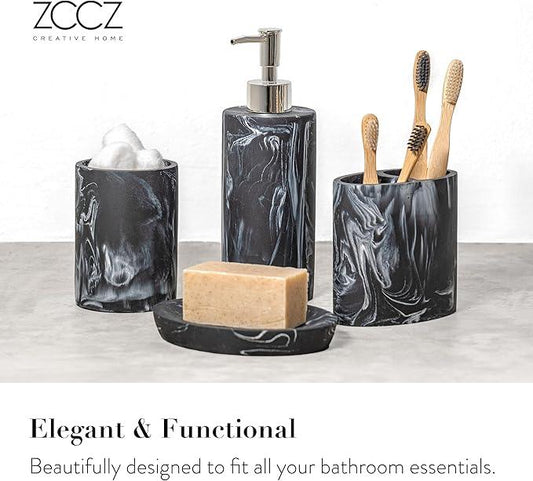 ZCCZ Bathroom Accessories Set, 4-Piece Marble Pattern with Soap Dispenser, Toothbrush Holder, Tumbler, and Soap Dish for Modern Bath Décor, Elegant and Durable Design for Home or Office Bathrooms - ModernBath