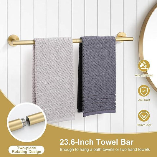 TQKAG 8-Pieces Bathroom Hardware Set Brushed Gold SUS304 Stainless Steel Bath Towel Bar Set 23.6 Inch Round Bathroom Accessories Kit Wall Mounted - ModernBath