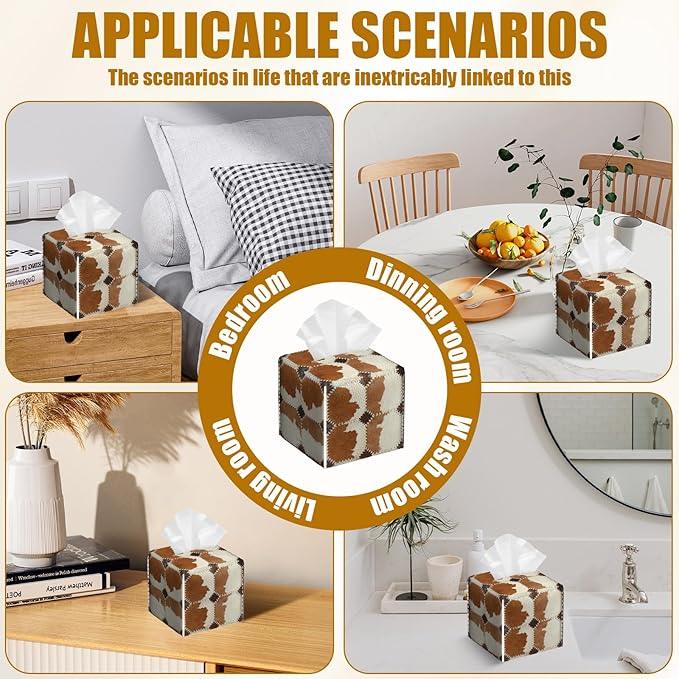 Brown Cowhide Tissue Box Cover 2PCS, Cow Skin Leather Tissue Box Holder Square Facial Paper Case Tissue Box Cube Organizer for Bathroom Bedroom Desk Office - ModernBath