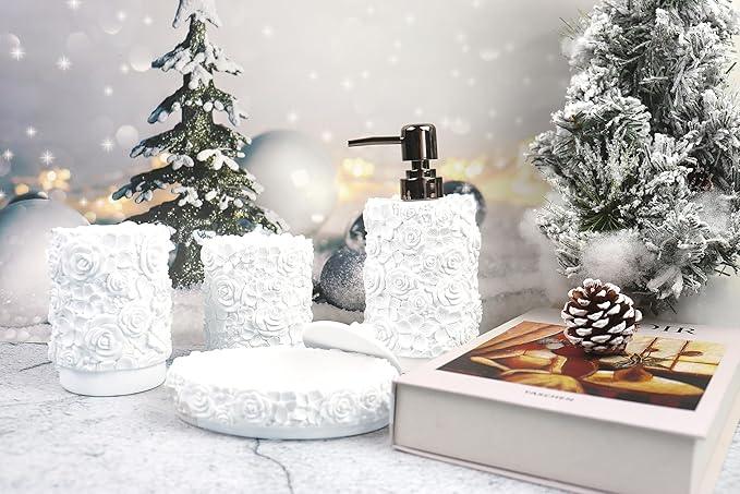 Hymmah Bathroom Accessories Set,Rose Design Bathroom Set,Farmhouse Bathroom Decor,4 Pcs Resin Gift Set Apartment Necessities, Contain Cotton Swab Jar,Soap Dispenser,Soap Dish,Tumbler White - ModernBath