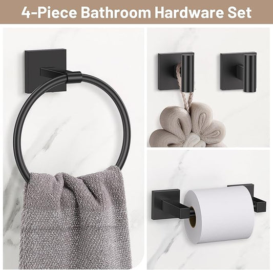 Towel Ring Set 4 Piece Bathroom Hardware Set Includes Towel Ring 2 Towel Hooks and Toilet Paper Holder Stainless Steel Wall Mounted (Matte Black)