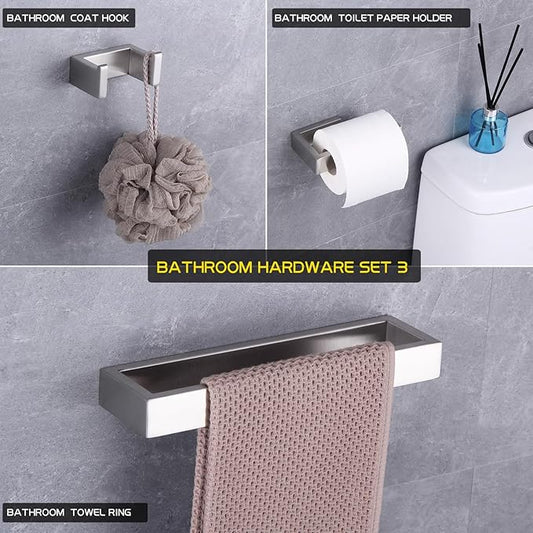 GERZWY Contemporary Stainless Steel Wall Mounted 3-Piece Bathroom Hardware Set - Towel Rings Toilet Paper Holder Towel Hooks, Brushed Finish HG1708-3LS