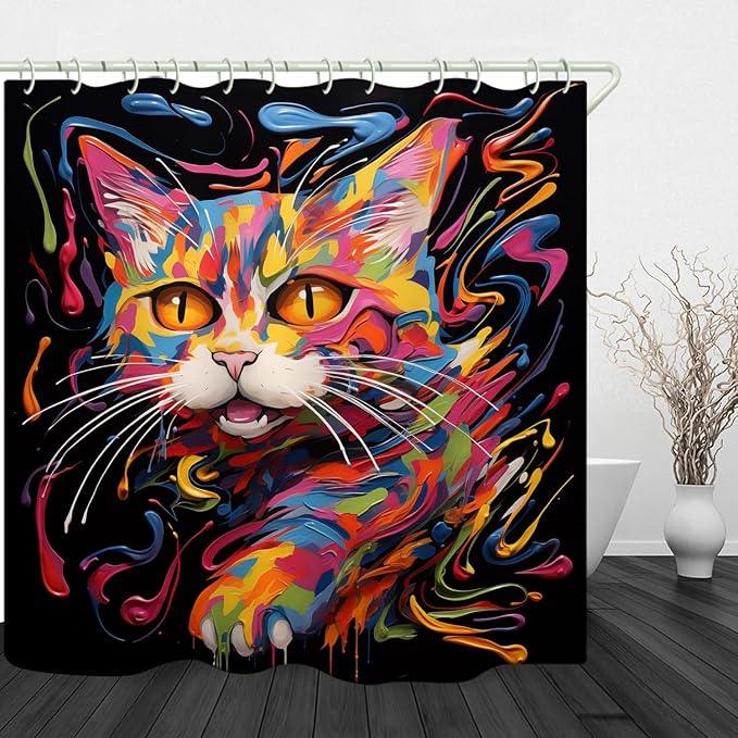 LYFANS Bathroom Using Colorful Oil Painting Cat 3D Shower Curtains, Luxury Bathtub Standard Shower Curtain, Waterproof and Bright Fabric Shower Curtain, Size (72x72 Inches) - ModernBath