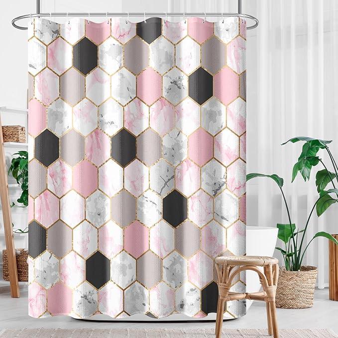 Culudea Geometric Gold Pink Shower Curtain Set, Gray Marble Vintage Bathroom Window Waterproof Shower Curtain Set for Bathroom Decor - ModernBath
