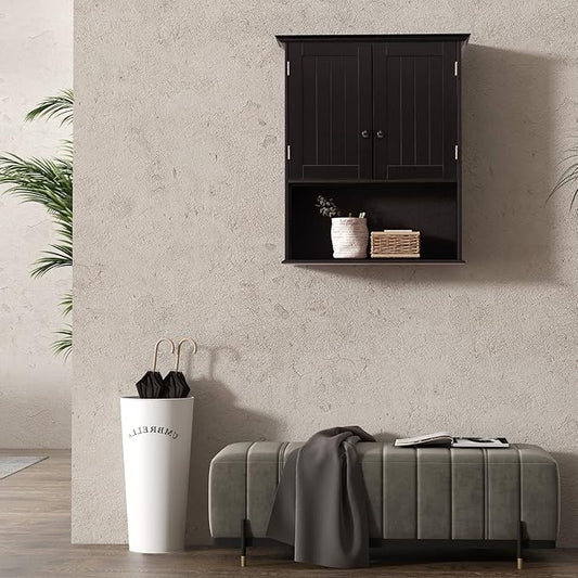 COSTWAY Wall Mounted Bathroom Cabinet, Over The Toilet Storage Cabinet w/Double Doors & Adjustable Shelf, Wood Hanging Medicine Cabinet for Living Room, Entryway, Kitchen (Brown)