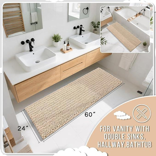 Yimobra Bathroom Runner Rug 60x24 Inch - Extra Long Non Slip Chenille Bath Mat, Soft & Absorbent, Machine Washable Shaggy Hallway Carpet for Vanity Tub Shower, Light Brown Home Decor Accessories - ModernBath