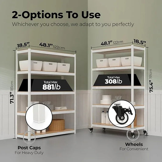 HOMEDANT House 5-Tier Metal Rolling Cart Shelf Rack Casters Heavy Duty Laminated Wheel Shelving Unit Adjustable Utility Storage Shelves Organizer Shelf Kitchen Garage (3, (L) 48.1" W, White) - ModernBath