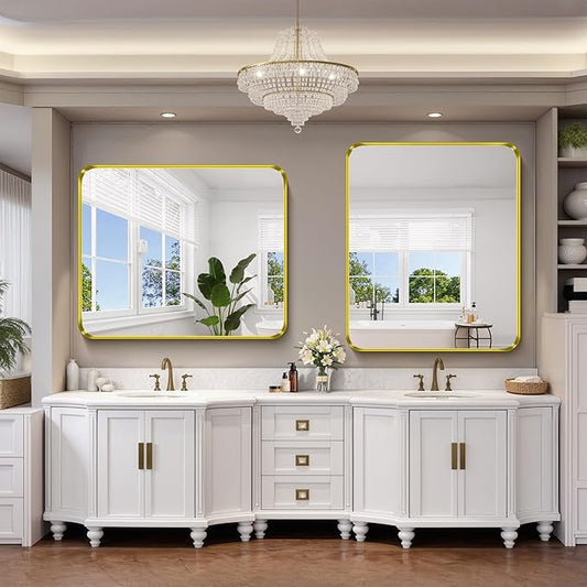 FORBATH 48x40 Inch Bathroom Mirror, Brushed Gold Deep Frame Wall Mirror with Rounded Corners, Anti-Rust Tempered Glass for Modern Farmhouse Vanity (Horizontal/Vertical)