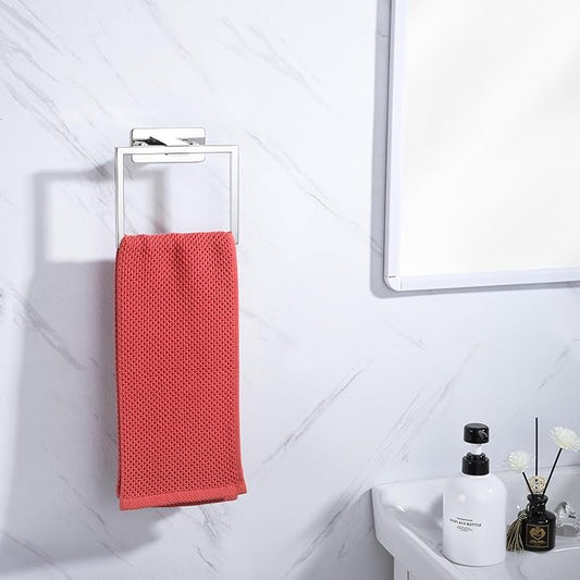 LANC Hand Towel Rings for Bathroom Wall Mount Chrome Polished Square Self Adhesive Hand Towel Holder for Lavatory Bathroom Hardware Accessories Stainless Steel Modern Shower Towel Racks, A8396CP