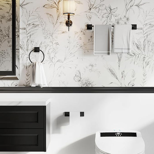 RUACQ 3 Pieces Bathroom Hardware Set, SUS 304 Stainless Steel Toilet Paper Holder, Towel Ring, 18-inch Towel Bar Set, Wall Mounted, Heavy Duty (Matte Black)