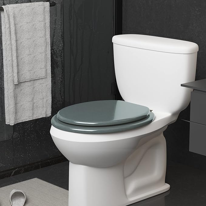 BLOFDE Round Toilet Seat Wood Toilet Seat Prevent Shifting with Zinc Alloy Hinges American Standard Size Toilet Seat Easy to Install also Easy to Clean(Round,Sparkling GentlemanGrey)