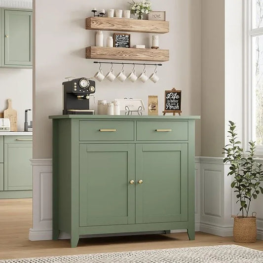 HORSTORS Kitchen Storage Cabinet, Modern Farmhouse Buffet Cabinet with Storage, Coffee Bar with 2 Drawers and 2 Doors, Floor Sideboard Buffet for Living Room, Dining Room, Bathroom, Green - ModernBath