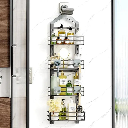 Orimade 4 Tier Adjustable Anti-slip Shower Caddy over Shower Head,Rustproof Bathroom Hanging shower Organizer with 4 Hooks for Razor,No Drilling Shower shelves Storage Rack,Grey - ModernBath
