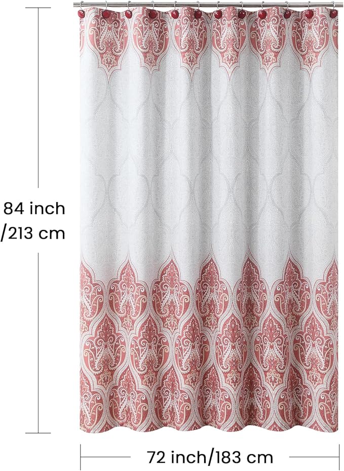 BESTRIPES Extra Long Paisley Shower Curtain, Water Repellent Brushed Microfiber with Terracotta & Gray Bohemian Print, 12 Metal Grommets & Weighted Hem, 72x84 Inches