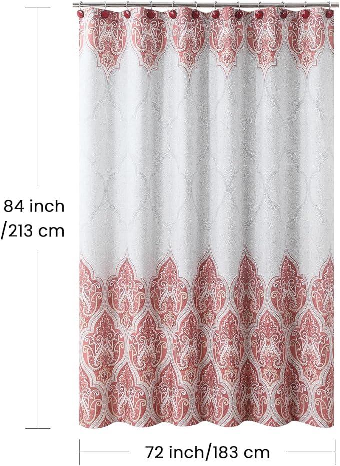 BESTRIPES Extra Long Paisley Shower Curtain, Water Repellent Brushed Microfiber with Terracotta & Gray Bohemian Print, 12 Metal Grommets & Weighted Hem, 72x84 Inches - ModernBath