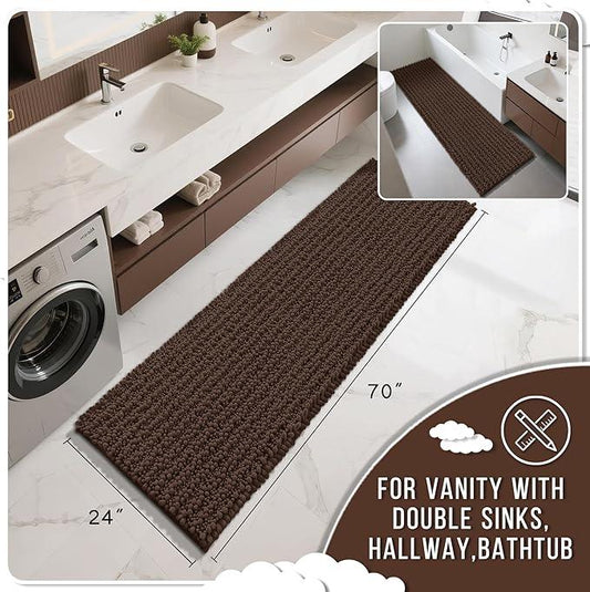 Yimobra Bathroom Runner Rug 70x24 Inch - Extra Long Non Slip Chenille Bath Mat, Soft & Absorbent, Machine Washable Shaggy Hallway Carpet for Vanity Tub Shower, Brown Home Decor Accessories - ModernBath