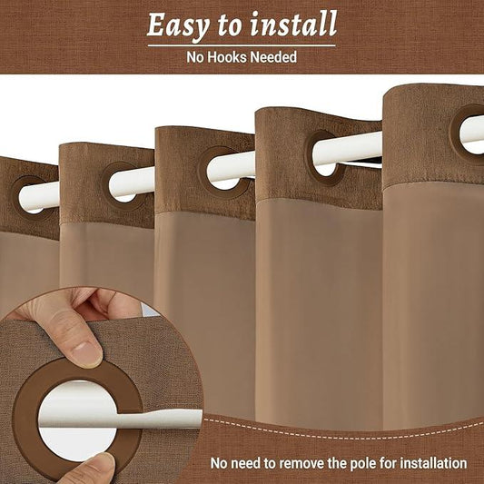 WONICY No Hook Brown Shower Curtain and Liner, Linen-Look Polyester Textured Shower Curtain with Snap in Liner, Waterproof & Washable Bath Curtains for Bathroom, 71Wx74H - ModernBath