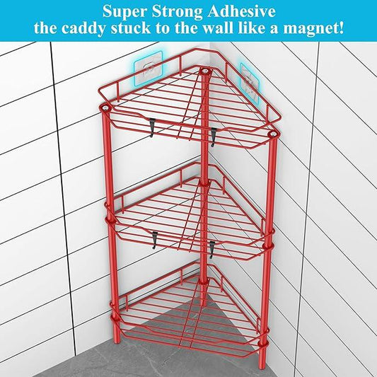 3 Tier Floor Standing Corner Shower Caddy Organizer Shelf with Hooks, Bathroom Shelves Stand Rack, Red - ModernBath