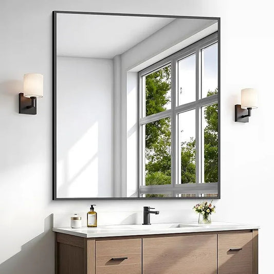 BONEWEI Bathroom Mirror,36x40 inch Wall Mirror for Bathroom Wall Mounted Black Rectangle Square Corner Mirrors, Black Bathroom Mirror for Living Room, Farmhouse, Bedroom Entryway, Horizontal/Vertical - ModernBath