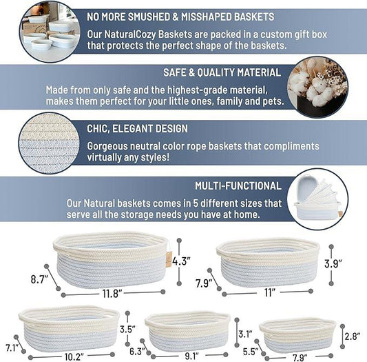 NaturalCozy 5-Piece Rectangle Storage Basket Set- Natural Cotton Rope Woven Baskets for Organizing! Small Basket for Montessori, Baby Nursery, Dog Toy Baskets, Cat Toy Box, Bathroom Organization Bin - ModernBath