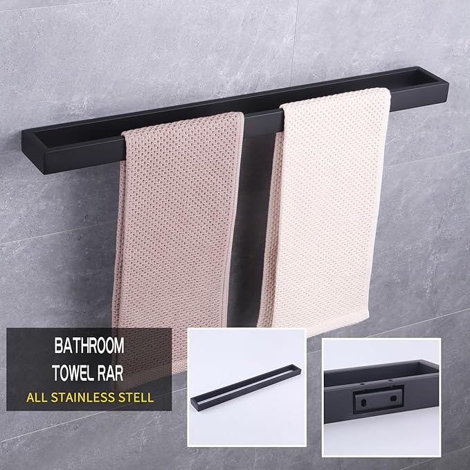 GERZWY Bathroom Hardware Set 2 Piece Black Towel Ring and Towel Bar SUS 304 Stainless Steel Wall Mounted Matte Black HG17701-2BK