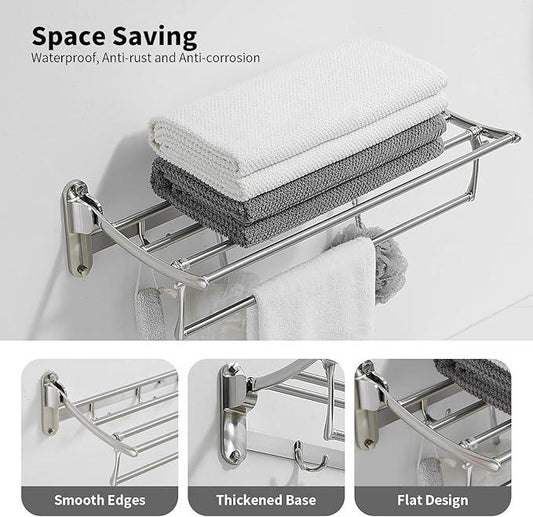 BESy 24 Inch Brushed Nickel Towel Racks, Bathroom Towel Shelf with Foldable Towel Bar Holder and Towel Hooks, Wall Mounted Multifunctional Bathroom Accessories, Double Towel Bars - ModernBath