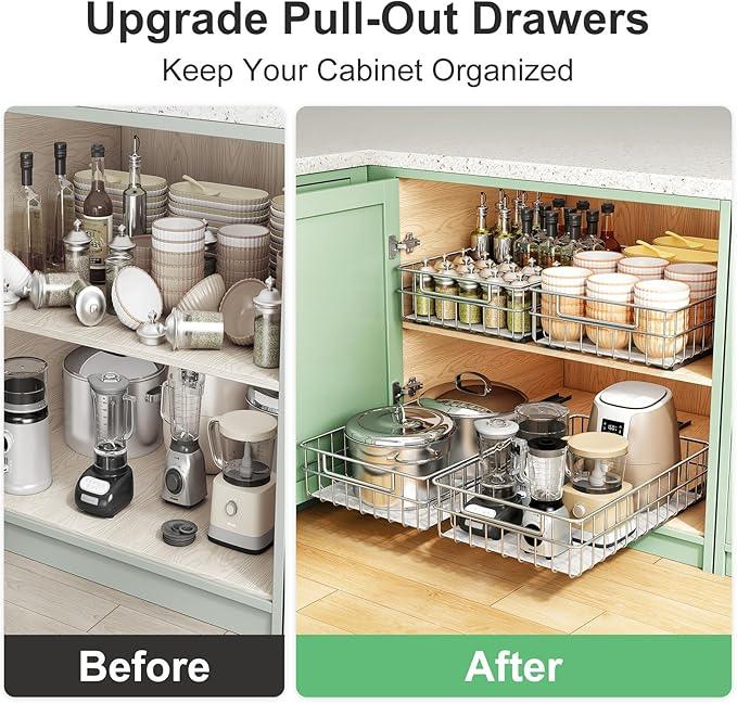 Stainless Steel Pull Out Cabinet Organizer(11.8"W x 16.5"D x 4.7"H)-1 Pack, Minimalist Design Frame, Full-Extension Slide Rails, Easy Installation for Pantry Organizers or Kitchen Cabinet Organizer - ModernBath