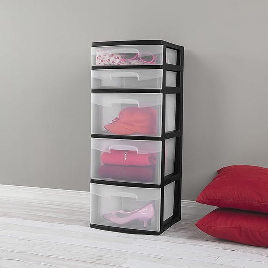 5-Tier Storage Drawer,with Both Shallow and Deep Clear Plastic Storage Organizer Drawer Tower,Suitable for Bedroom,Bathroom and Office Organization Black