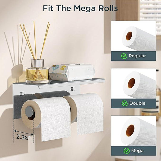 FORIOUS Double Toilet Paper Holder with Shelf, Wall Mount Tissue Roll Holder for Bathroom, 304 Stainless Steel Commercial Toilet Tissue Dispensers with Phone Shelf (1, Chrome) - ModernBath
