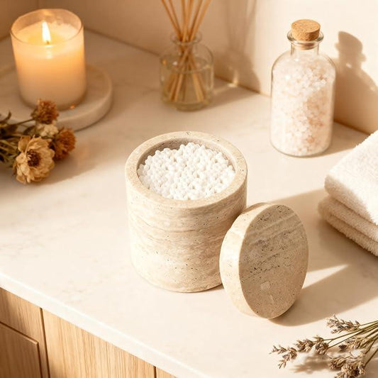N NANSHOP Natural Marble Canister, Cotton Swab Holder with Lid, Marble Toothbrush Holder Qtip Holder Storage for Cotton Swab, Floss Picks, Makeup Pad, Bath Salt, Beige White Travertine(NS019) - ModernBath