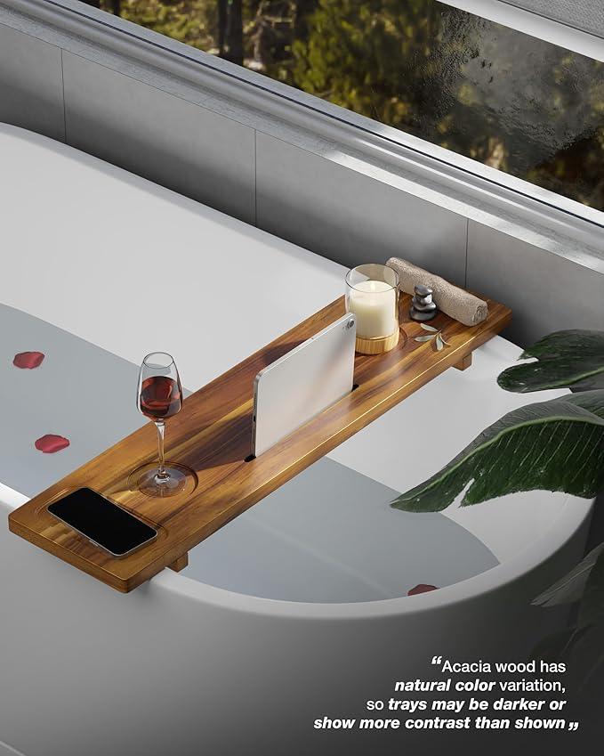 LotusSway Bathtub Tray, Acacia Bath Tray for Tub, 34.6''x9'' Wooden Bathtub Caddy Tray with Adjustable Legs Fit Various Bathtubs, Anti-Tipping, Sustainable Bath Table with Wine Glass and Tablet Holder - ModernBath