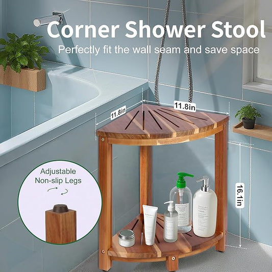 Bathroom Corner Shower Stool with Storage Shelf, Shower Feet Stool, Non-Slip Adjustable Feet Drain Holes, for Shaving Legs, SpacemSaving Shower Bench with Storage for Small Spaces