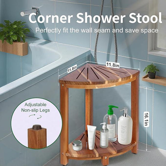 Bathroom Corner Shower Stool with Storage Shelf, Shower Feet Stool, Non-Slip Adjustable Feet Drain Holes, for Shaving Legs, SpacemSaving Shower Bench with Storage for Small Spaces - ModernBath