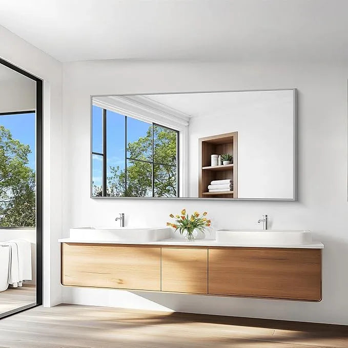 KOCUUY Silver Bathroom Mirror, 60"x30" Large Rectangle Bathroom Mirror for Wall, HD Tempered Glass, Anti-Rust Brushed Silver Frame, Modern Design for Bathroom, Bedroom, Hang Horizontal/Vertical - ModernBath