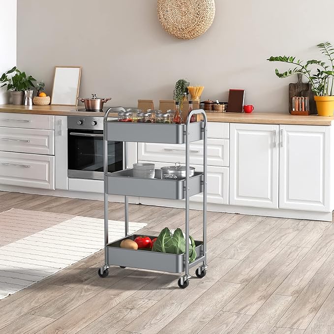 MAX Houser 3-Tier Rolling Utility Cart with Caster Wheels,Easy Assembly, for Kitchen, Bathroom (Silvery-Grey)
