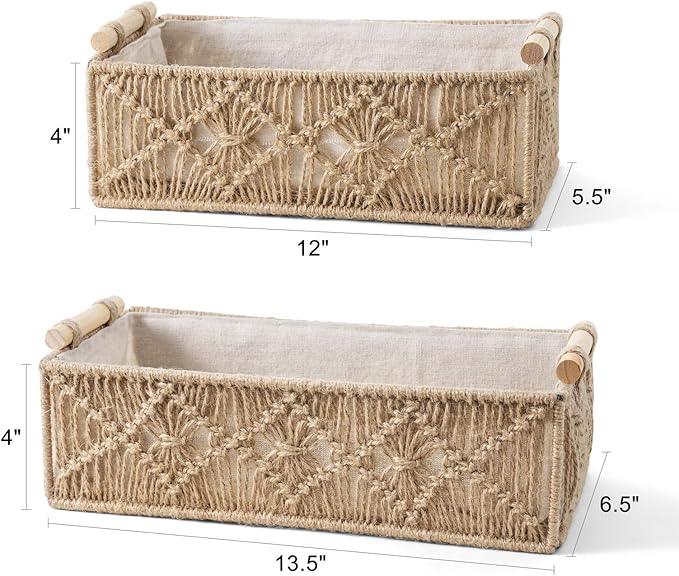 Mkono Macrame Storage Baskets Boho Decor Box Handmade Woven Decorative Countertop Toilet Tank Shelf Cabinet Organizer for Bedroom Livingroom Home, Set of 2, Brown - ModernBath