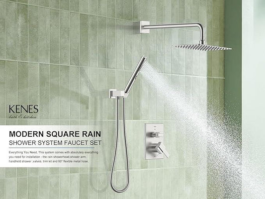 KENES Square Rainfall Shower System Faucet Set, Brushed Nickel Rain Shower Head and Handle Set, 10 Inch Stainless Shower Head with Handheld Spray (Shower Valve Included), LJ-6026A - ModernBath