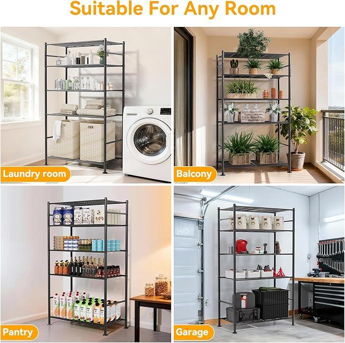 5 Tier Shelf Organizer Rack, Metal Shelving Unit with Adjustable Leveling Feet, Space-Saving Storage Shelves for Garage Closet Laundry Bathroom Kitchen Pantry, 33.07”Wx12.6”Dx72.04”H,Black - ModernBath
