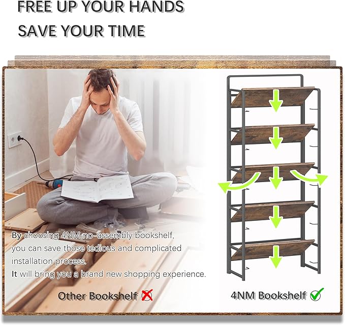 4NM No Assembly 5 Tiers Folding Bookshelf Storage Shelves Vintage Bookcase Standing Racks Study Organizer Home Office (Rustic Brown Black)